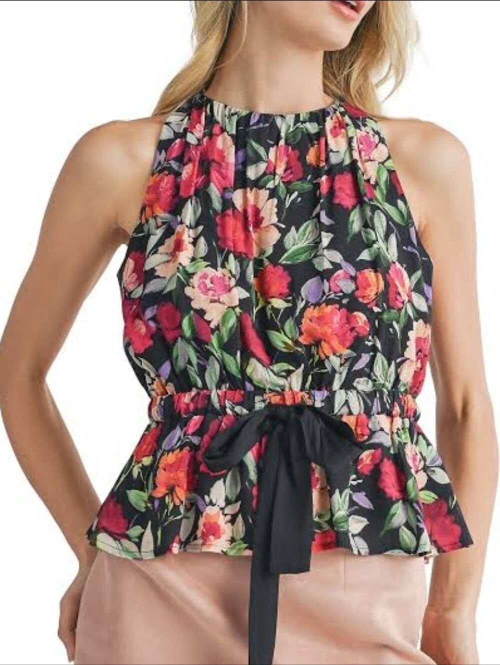 Sadie & Sage Black Floral Tie-Waist Skirt with Pink & Green Blossoms